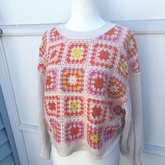 Zara Crochet Sweater Women S Patchwork Square Colorful Puff Sleeve Granny Boxy - Picture 10 of 14